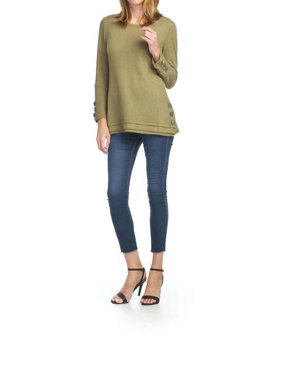 NEW PAPILLON waffle top with button detail in khaki